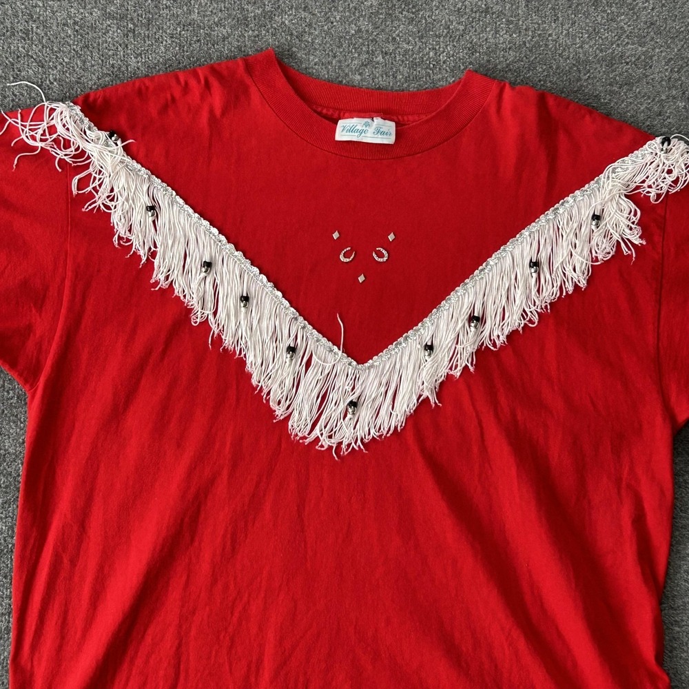 Village Fair Shirt Women XXL‎ Red Fringe Western Cowgirl Horseshoe Studs Vintage